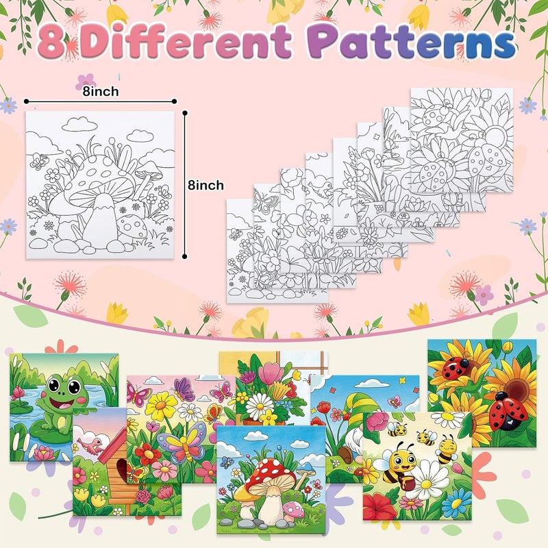 Anseal 8 Pack Pre Drawn Canvas for Painting, 8" X 8" Cute Animals Painting Canvas Bulk, Art Canvases for Painting for Kids Students School Home (Spring) - Image 3
